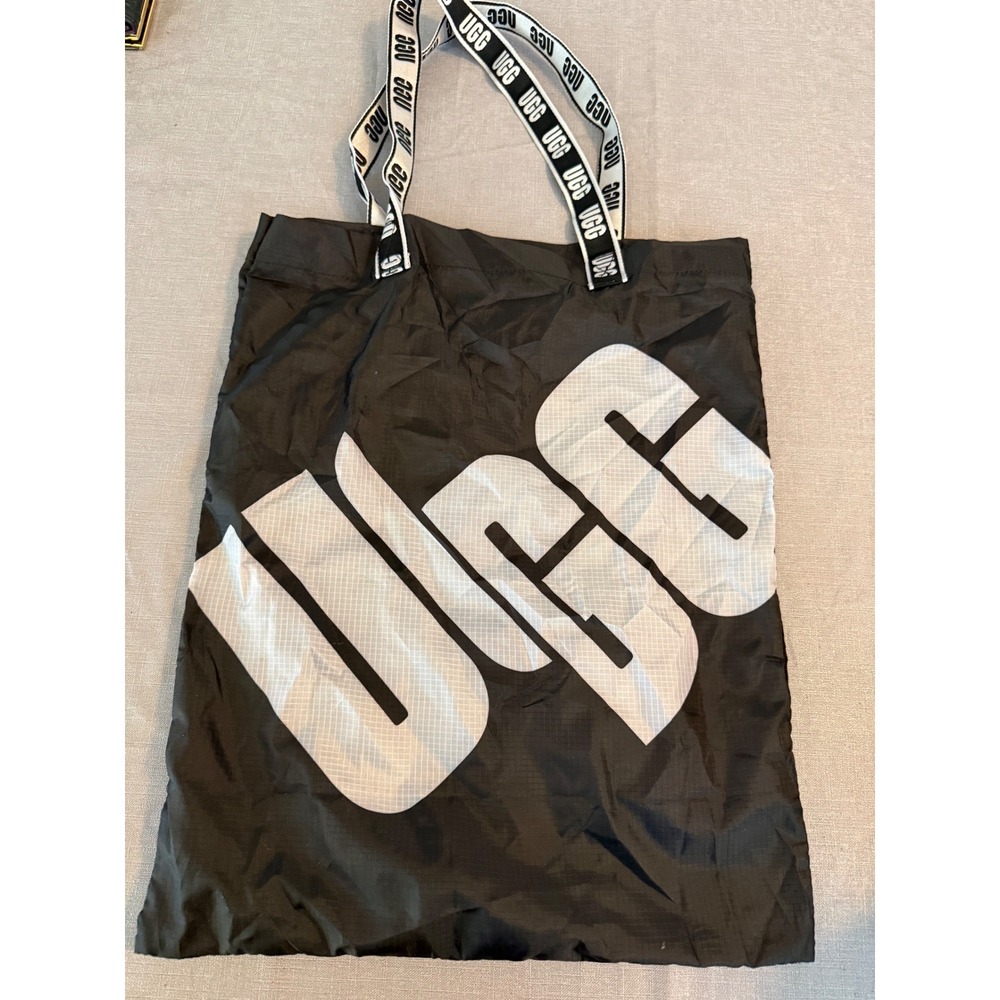 UGG Black Ripstop Nylon Packable Tote Bag White Logo Branded Handles Shopper